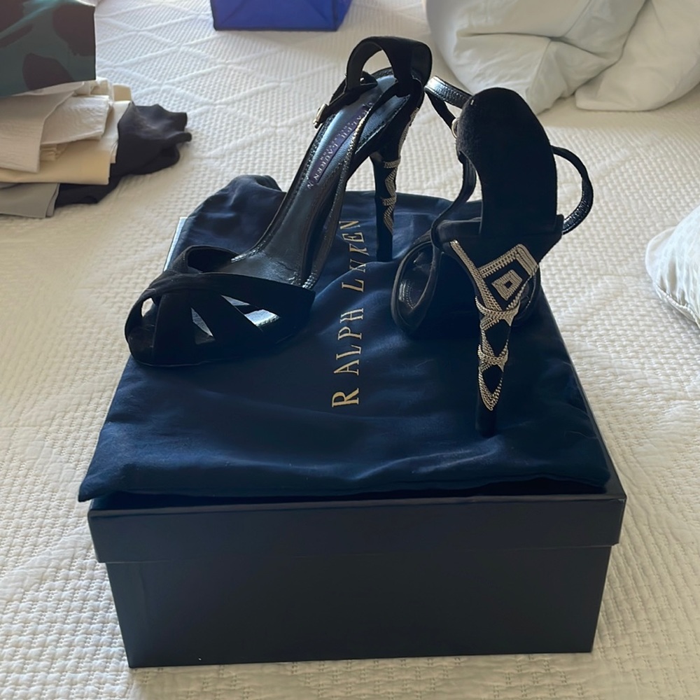 Ralph Lauren Purple Label Jaime Black Suede Heels w/ Silver Chain Detail — NEW!!